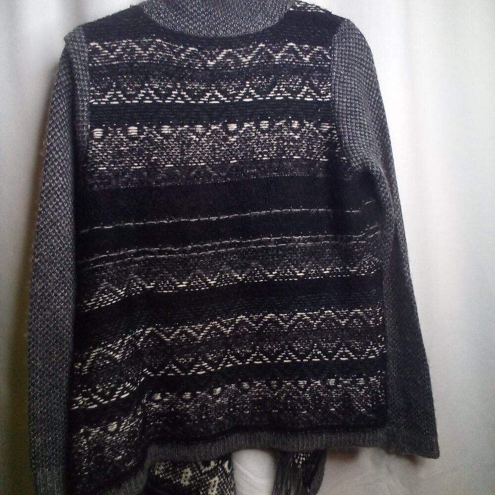 Vintage America Cardigan Sweater M Open Front Fringe Long Sleeve Black White - Picture 3 of 14